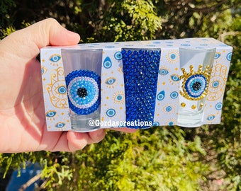 Evil eye shot glasses / Ojo / Rhinestones