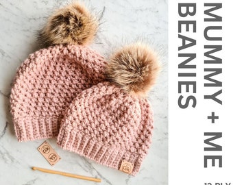 Crochet Beanie PATTERN | Crochet Tutorial | Mummy and Me Set |  Crochet Pompom Beanie | Pattern PDF | Instant Download | Mothers Day