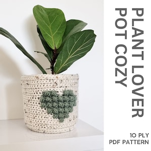 Puede incluir: Un cubremacetas de ganchillo con un diseño de corazón verde. El cubremacetas está hecho con un hilo de 10 cabos y está disponible como patrón PDF. PLANT LOVER POT COZY 10 PLY PDF PATTERN