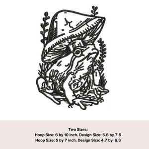 Frog sitting in front of a Mushroom embroidery design. 6 by 10 and 5 by 7 Cottagecore design, Mushroom Embroidery design, digital download