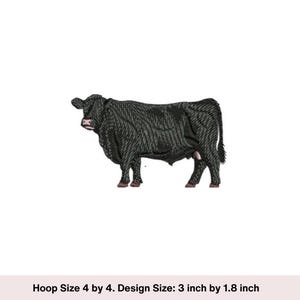 May include: Black and white embroidery design of a cow, suitable for a 4x4 inch hoop. The design measures 3 inches by 1.8 inches.