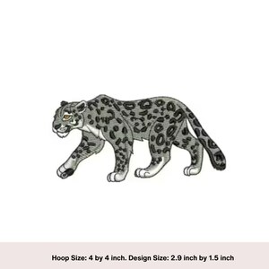 Puede incluir: Diseño bordado de un leopardo de las nieves gris y blanco caminando, que mide 2,9 pulgadas por 1,5 pulgadas.
