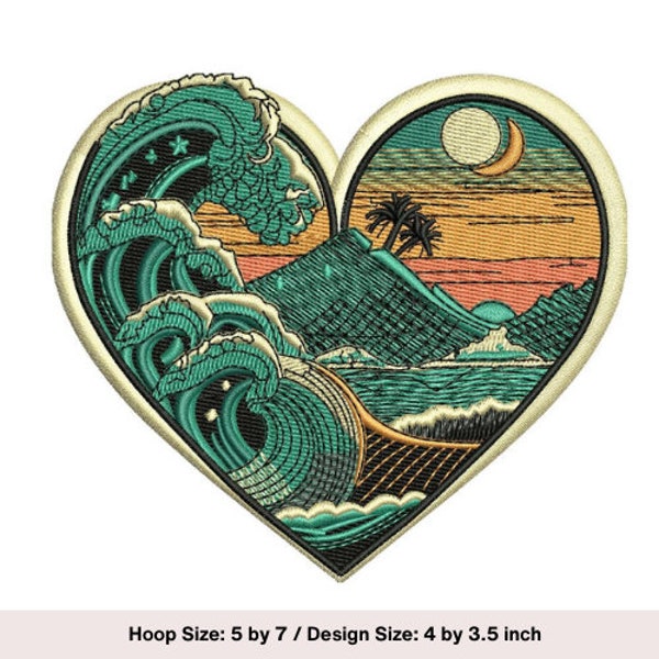 Ocean Beach heart embroidery design. Beach scenery heart embroidery patch. Machine embroidery designs. Embroidery patch. Waves, Sea, Sand