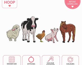 Embroidered farm animal border. Digital download for machine embroidery. Sheep, Cow, Chicken, Pig and horse embroidery file