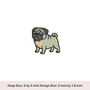 Puede incluir: Parche bordado con un perro pug en colores beige, negro y crema. El pug está de pie con la cola enroscada. El tamaño del diseño es de 5,08 cm por 4,83 cm.