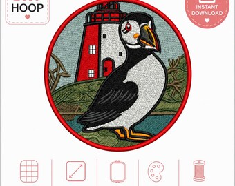 Puffin machine embroidery design. Embroidered patch digital download for machine embroidrey, Filled design