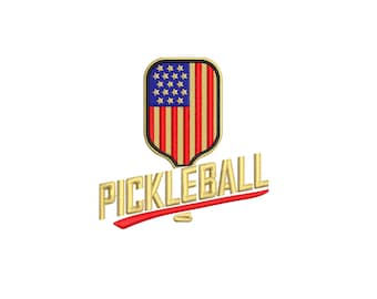 May include: A gold embroidered design of a pickleball paddle with an American flag on it. The text "PICKLEBALL" is in gold with a red swoosh underneath. The design is 3.4 inches by 3.5 inches.