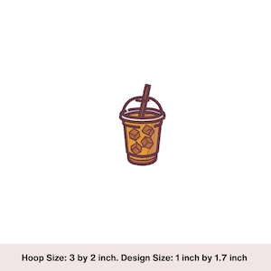 Ice coffee embroidery design, machine embroidered coffee, Digital download, embroidered coffee, Drink embroidery design, one inch design