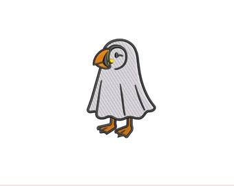 Ghost Puffin Embroidery Design: Halloween Bird Patch (Digital Download)