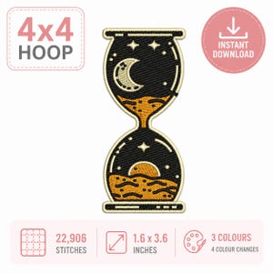 May include: Embroidered hourglass patch with a night sky design. The patch features a black background with a crescent moon, stars, and a sunrise. The patch measures 1.6 x 3.6 inches and requires a 4x4 hoop.