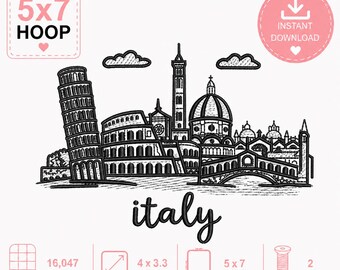 Italy Embroidery Design File, Travel Landmark Machine Embroidery Pattern, 5x7 Hoop Pisa Skyline Digital