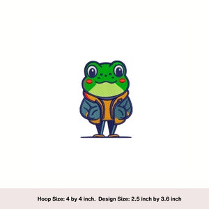 May include: A green frog wearing a blue and yellow jacket with red cheeks. The frog is standing on a white background. Hoop Size: 4 by 4 inch. Design Size: 2.5 inch by 3.6 inch