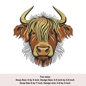 Scottish Highland cow embroidery design. Animal machine embroidery digital download. 2 sizes 5 by 7 and 4 by 4 hoop. Farm embroidery