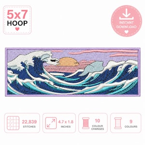 Parche bordado de olas japonesas: diseño de puesta de sol en el mar (descarga digital)