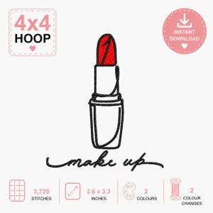 Diseño de bordado de lápiz labial, patrón de neceser de maquillaje, descarga digital para bordado a máquina.
