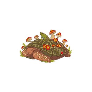 May include: A brown turtle with a green frog sitting on its back. The turtle is surrounded by red and yellow mushrooms.