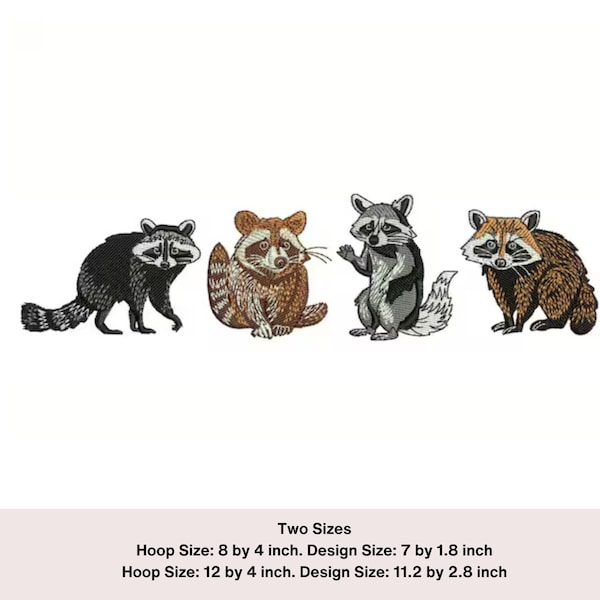 Racoon Border machine embroidery design, Digital download for machine embroidery. Embroidered Woodland animal border. Four Racoon's design