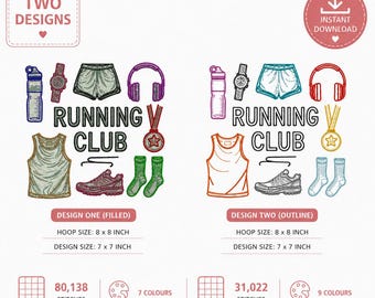 Running club machine embroidery digital download. 2 designs. 8 by 8 inch