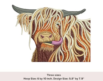 Highland Cow Embroidery Design: Tongue Out, Scottish Animal (Digital Download)