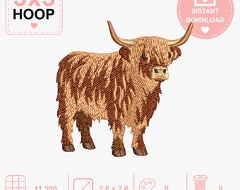 Highland Cow Embroidery Design, Rustic Farm Animal Machine Pattern 3x3 Hoop