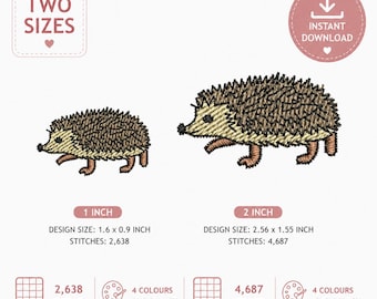 Mini Hedgehog Embroidery Design, Woodland Animal Digital Download. Two sizes 1 inch and 2 inch