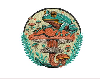 Frog on Mushroom Embroidery Design: Cottagecore Forest (Digital Download) 4 by 4 inch hoop