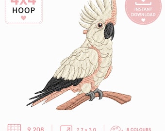 Cockatoo Embroidery File, Parrot Bird Machine Pattern, Tropical Animal Design Download, 4x4 Hoop PES DST JEF