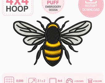 Diseño de bordado 3D de abeja en relieve, descarga digital para máquina de bordar.