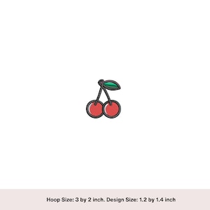 Cherry machine embroidery design. Fruit embroidery design 3 by 2 inch hoop. Digital download embroidery file. Mini patch embroidery design
