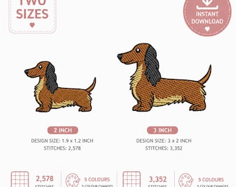 Long Haired Dachshund Machine Embroidery Design. Digital Download with 2 size options