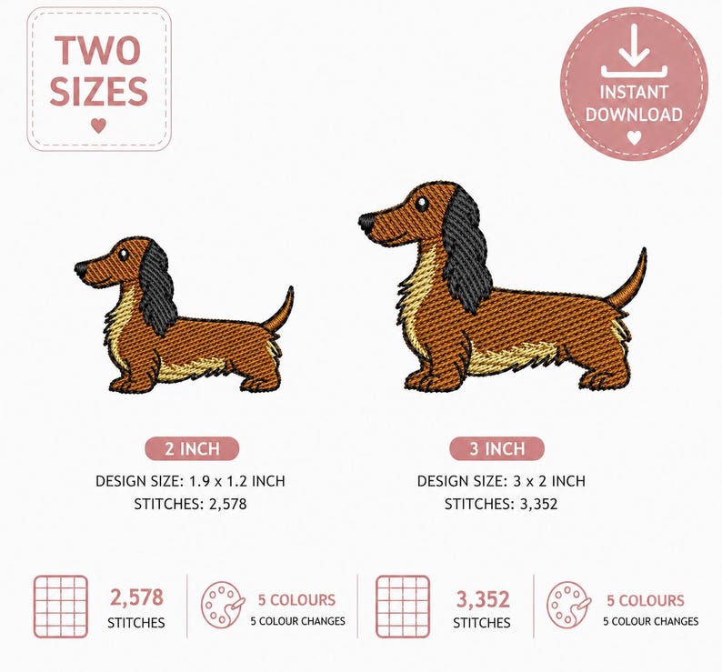 Long Haired Dachshund Machine Embroidery Design. Digital Download with 2 size options