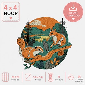 May include: An embroidery design featuring two orange squirrels on a tree branch, set against a backdrop of a green forest and orange sunset. The design is 3.8 x 3.6 inches and includes the text "4 x 4 HOOP" and "INSTANT DOWNLOAD".