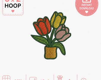 Tulip Flower Pot Embroidery Design, Spring Floral Machine Stitch File,Digital Download