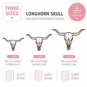 Longhorn Bull Skull Stickdatei, Western Theme digitaler Download, 3 Größenoptionen