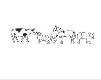 Farm animal quick border sketch embroidery design. Digital machine embroidery file. Horse Cow Pig Sheep Chicken embroidery download