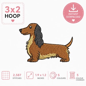 May include: An embroidered dachshund dog design in brown, black, and tan. The design measures 4.8 x 3.0 cm and uses 5 colours. The image includes the text "3x2 HOOP" and "INSTANT DOWNLOAD".