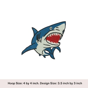 May include: Embroidered design of a blue and white shark with an open mouth and red teeth. The design is 3.5 inches by 3 inches and fits in a 4 inch by 4 inch hoop.