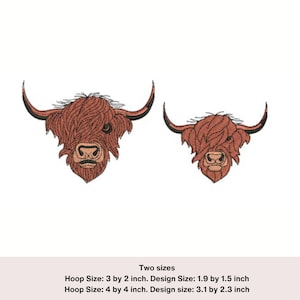 Scottish Highland cow head machine embroidery design. 1 inch design and 3 inch design. Farm animals embroidery designs Highland cow design