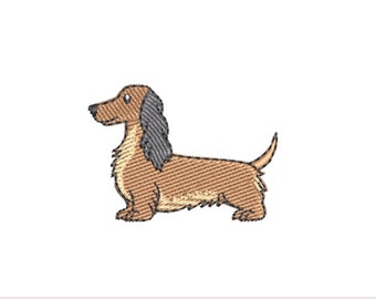 Mini long haired dachshund machine embroidery design. Embroidered sausage dog design. Embroidery file. 3 by 2 inch hoop digital  download