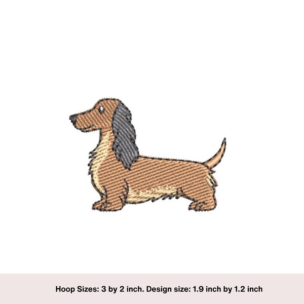 Mini long haired dachshund machine embroidery design. Embroidered sausage dog design. Embroidery file. 3 by 2 inch hoop digital  download