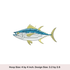 May include: An embroidered design of a tuna fish, featuring blue and yellow colours. The design measures 3.2 inches by 2.6 inches and fits within a 4 inch by 4 inch hoop.