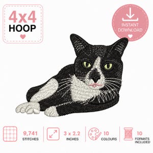 Tuxedo Cat Embroidery Design: Lying Kitten Machine Stitch (4x4 Hoop, Instant Download)