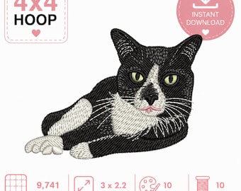 Tuxedo Cat Embroidery Design: Lying Kitten Machine Stitch (4x4 Hoop, Instant Download)