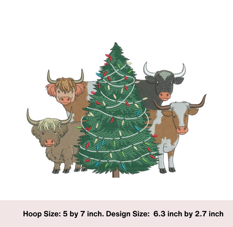 Scottish Highland Cow Christmas Embroidery Design. Farmer Theme