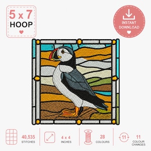 May include: An embroidery design featuring a puffin in a stained glass style. The puffin has a black, white, and orange beak, black wings, and orange feet. The background consists of abstract yellow, brown, and blue shapes. Text includes 5 x 7 HOOP.