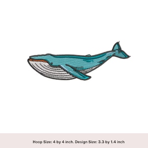 Puede incluir: Parche bordado de una ballena azul con vientre blanco y boca naranja. La ballena está nadando hacia la derecha. El parche mide 3,3 pulgadas por 1,4 pulgadas.