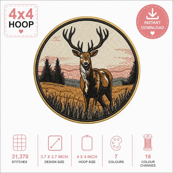 Deer machine embroidery digital download file, embroidered patch design. Woodland animal embroidery