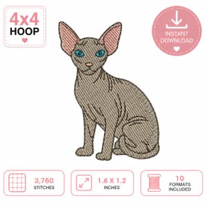 Sphynx Cat Embroidery Design File Hairless Kitten Machine Stitch Pattern 4x4 Hoop Instant Download