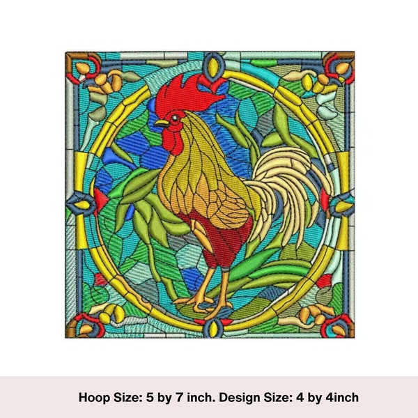 Rooster machine embroidery digital download. Stained glass machine embroidery design. Animal machine embroidery. 5 by 7  inch embroidery