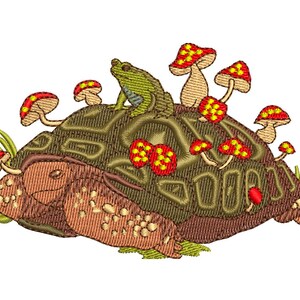 May include: A green frog sits on the back of a brown turtle with red and yellow mushrooms growing around them.
